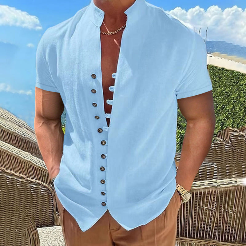 New Vintage Button Stand Collar Short Sleeve Shirt