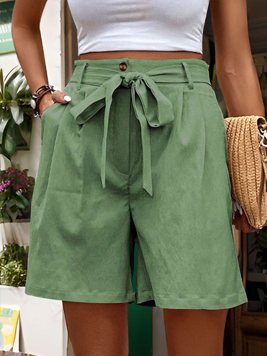 Pantalones cortos de cintura alta con bolsillos y lazo