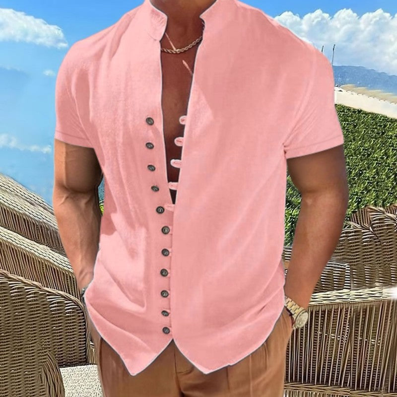 New Vintage Button Stand Collar Short Sleeve Shirt