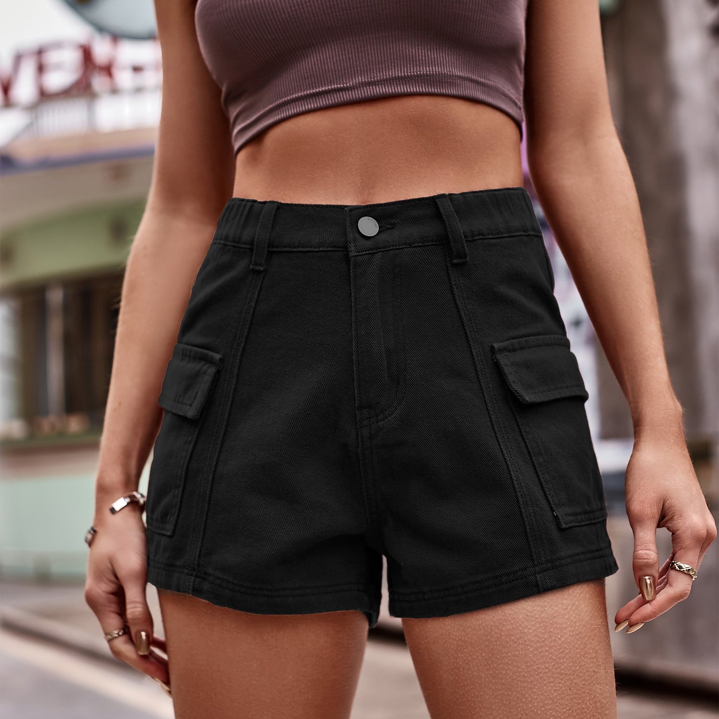Pantalones cortos de mezclilla de cintura alta con bolsillos