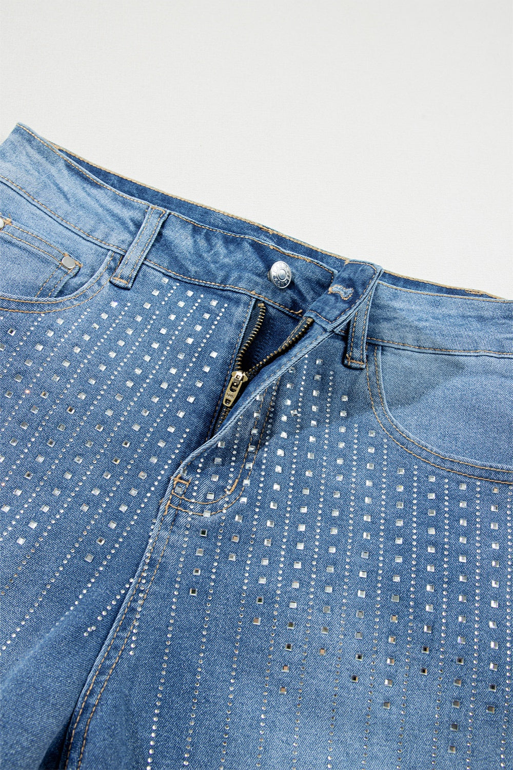 Pantalones cortos de mezclilla de cintura alta con diamantes de imitación