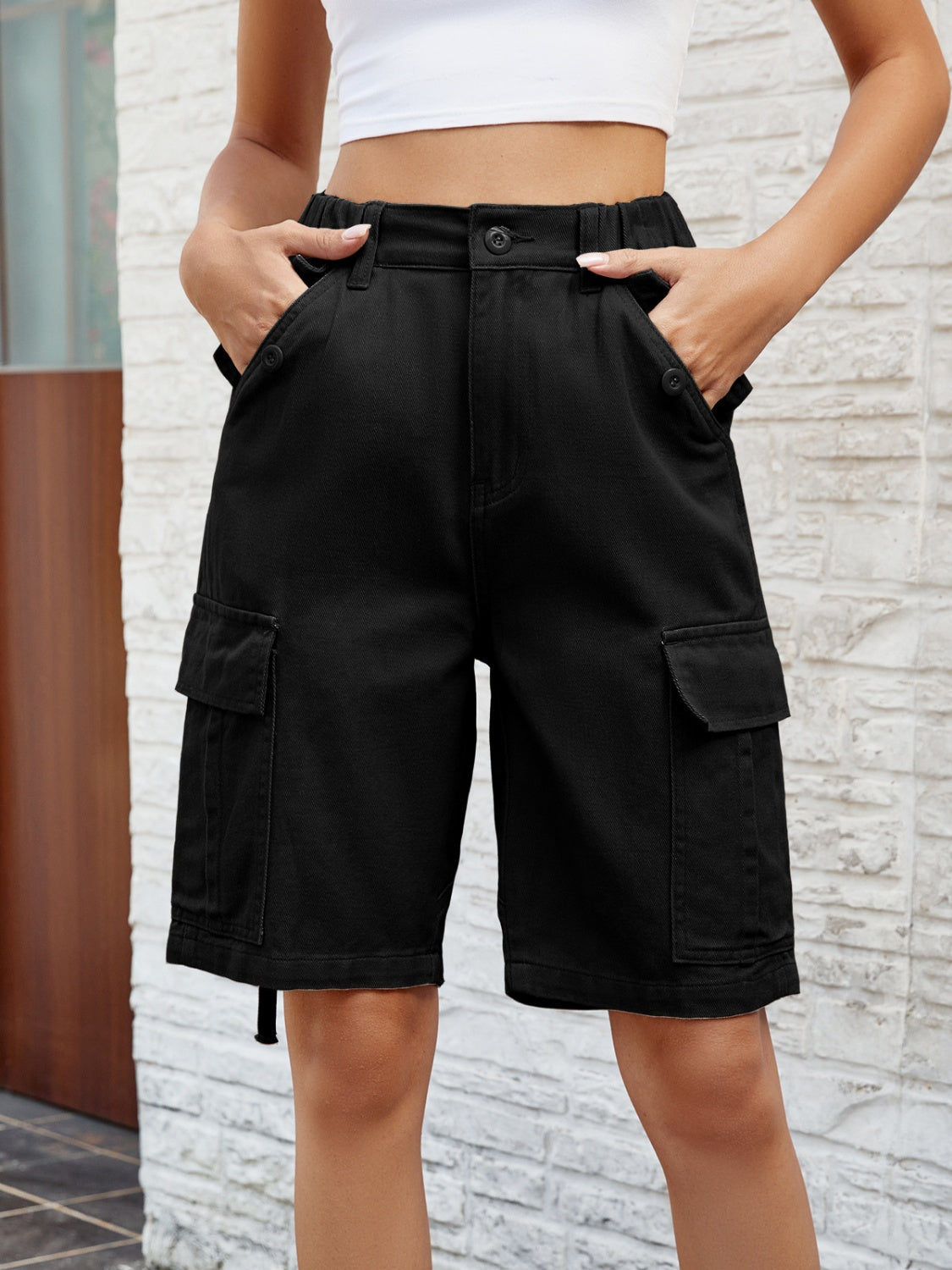 Pantalones cortos de mezclilla de cintura alta con bolsillos