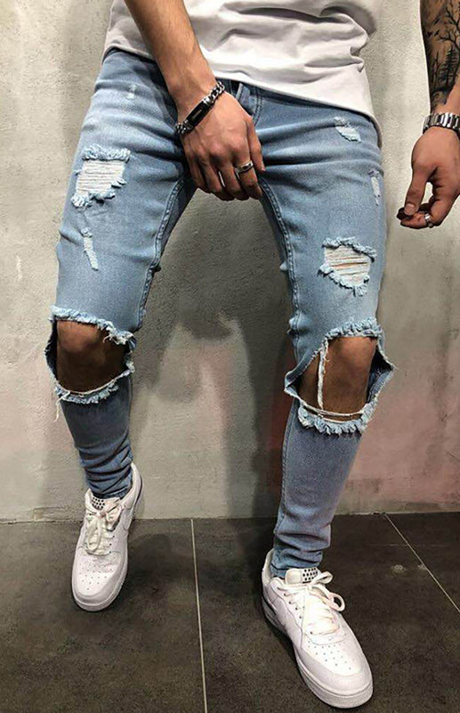 Jeans ajustados rasgados de cintura media de moda para hombres
