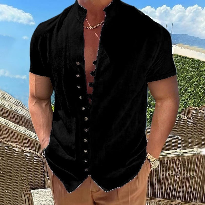 New Vintage Button Stand Collar Short Sleeve Shirt