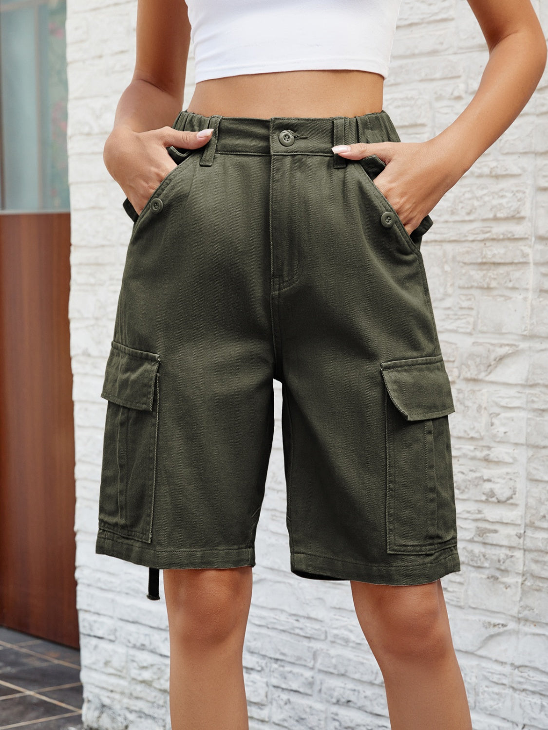Pantalones cortos de mezclilla de cintura alta con bolsillos