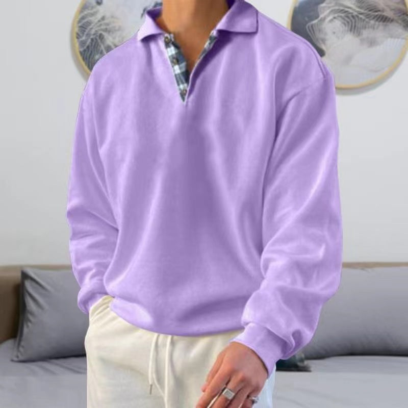 Men's solid color lapel loose long-sleeved POLO shirt