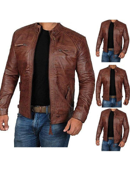 Chaqueta de cuero para hombre, estilo punk, con cuello alto y corte ajustado para motocicleta