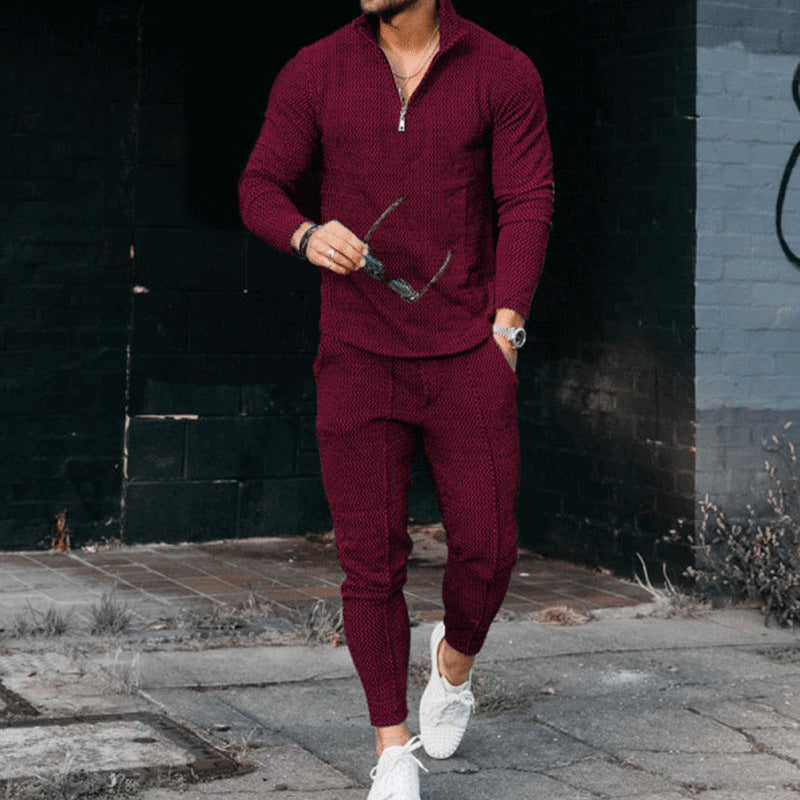 Men's Textured Casual Half Zipper Stand Collar Suit