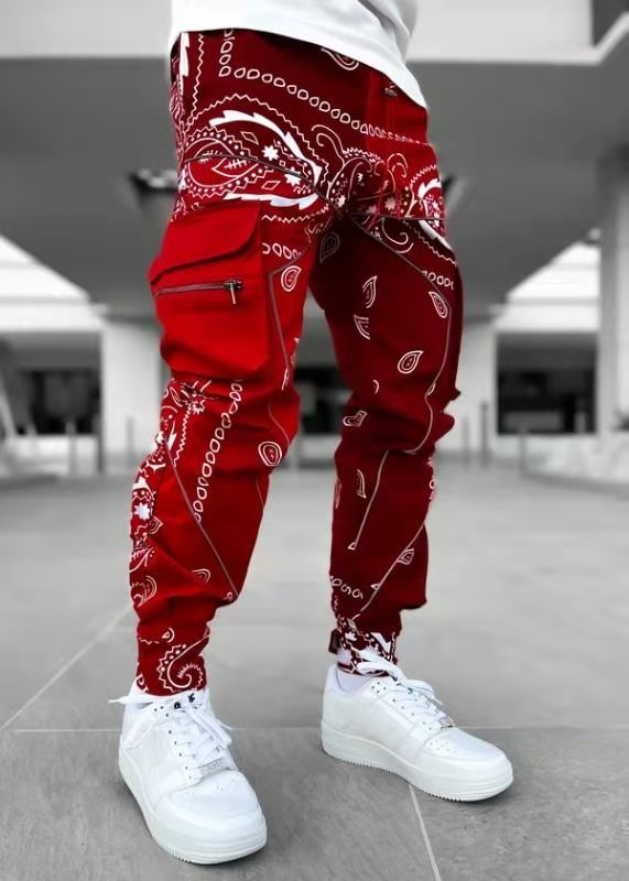 New printed cashew flower harem pants men's loose high street multi-pocket overalls