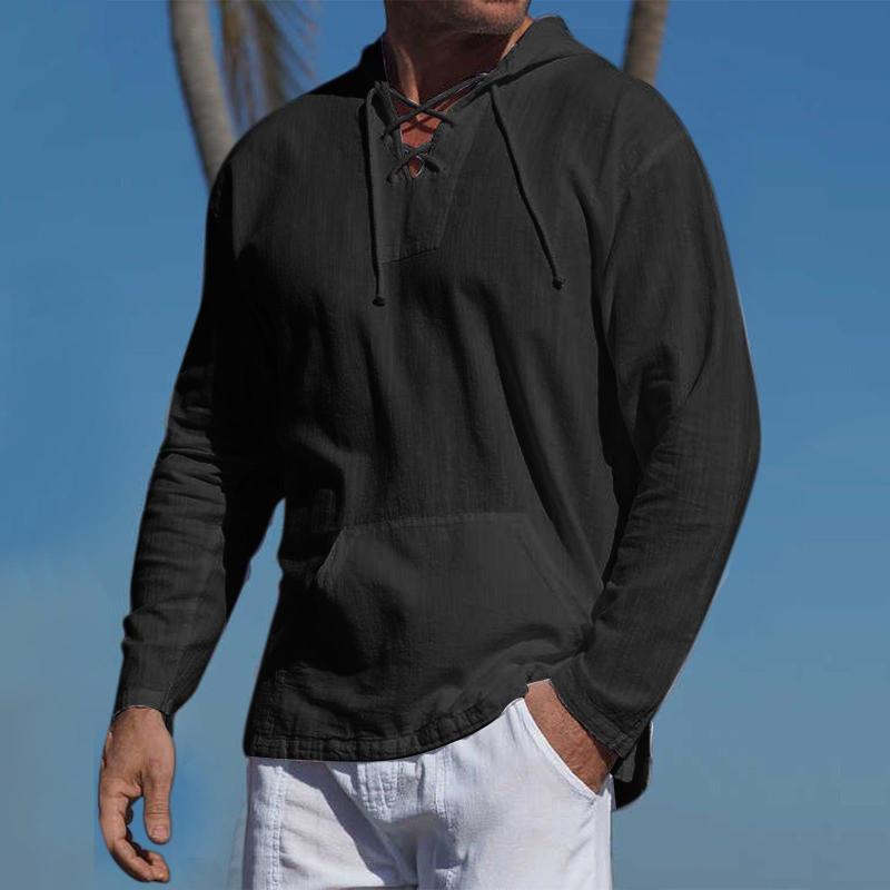 Men's casual cotton and linen tie hooded long-sleeved shirt