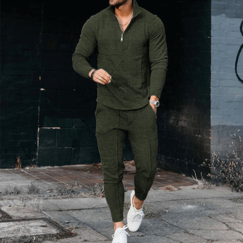 Men's Textured Casual Half Zipper Stand Collar Suit