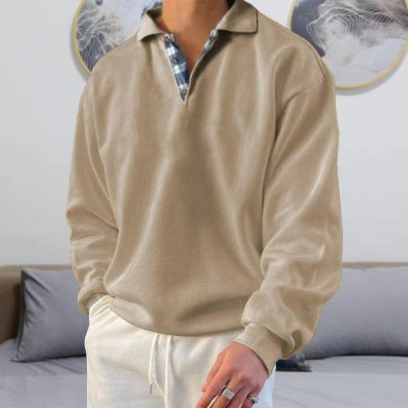 Men's solid color lapel loose long-sleeved POLO shirt