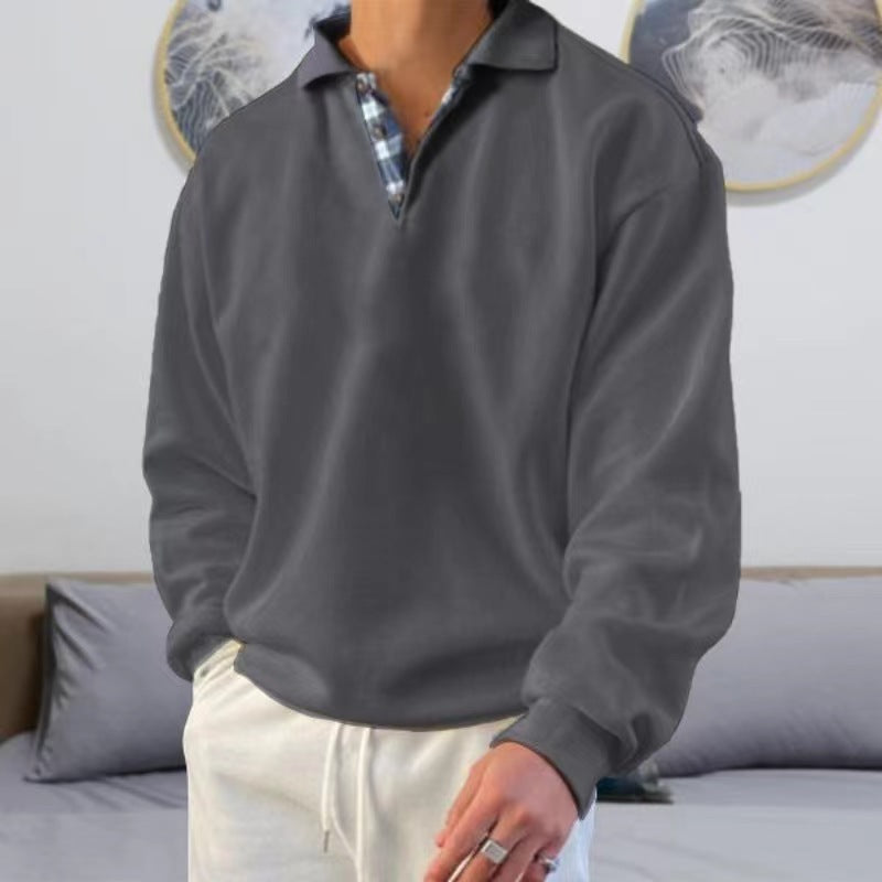 Men's solid color lapel loose long-sleeved POLO shirt
