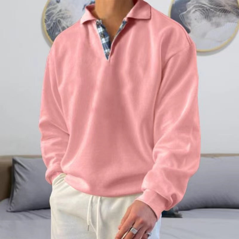 Men's solid color lapel loose long-sleeved POLO shirt