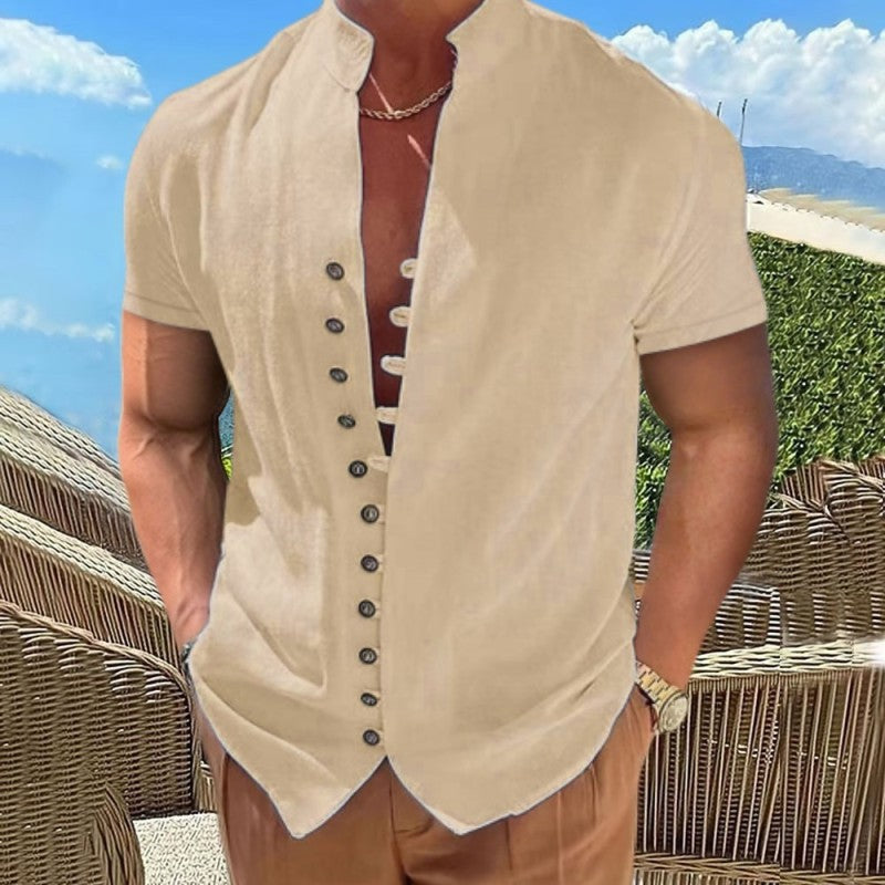 New Vintage Button Stand Collar Short Sleeve Shirt