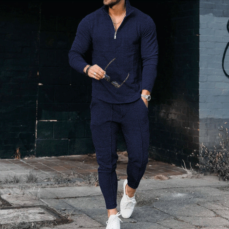 Men's Textured Casual Half Zipper Stand Collar Suit