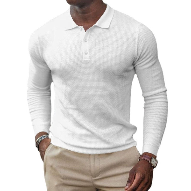 Men's solid-color button-down long-sleeve polo shirt