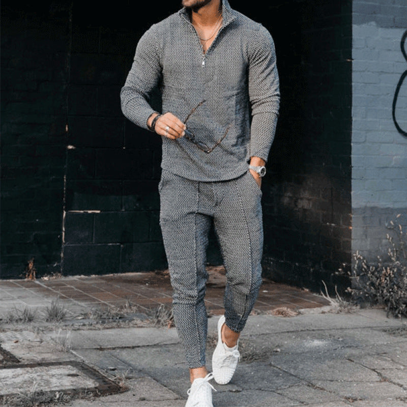 Men's Textured Casual Half Zipper Stand Collar Suit