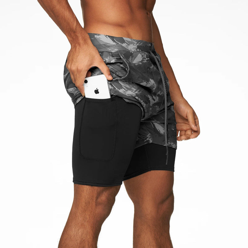 Pantalones cortos para hombre Deportes Ocio Al aire libre Sueltos Multi bolsillo Doble capa Pantalones de gimnasia