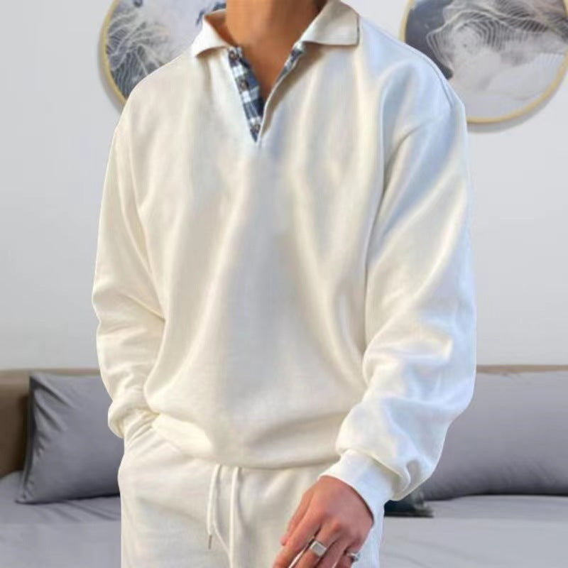 Men's solid color lapel loose long-sleeved POLO shirt