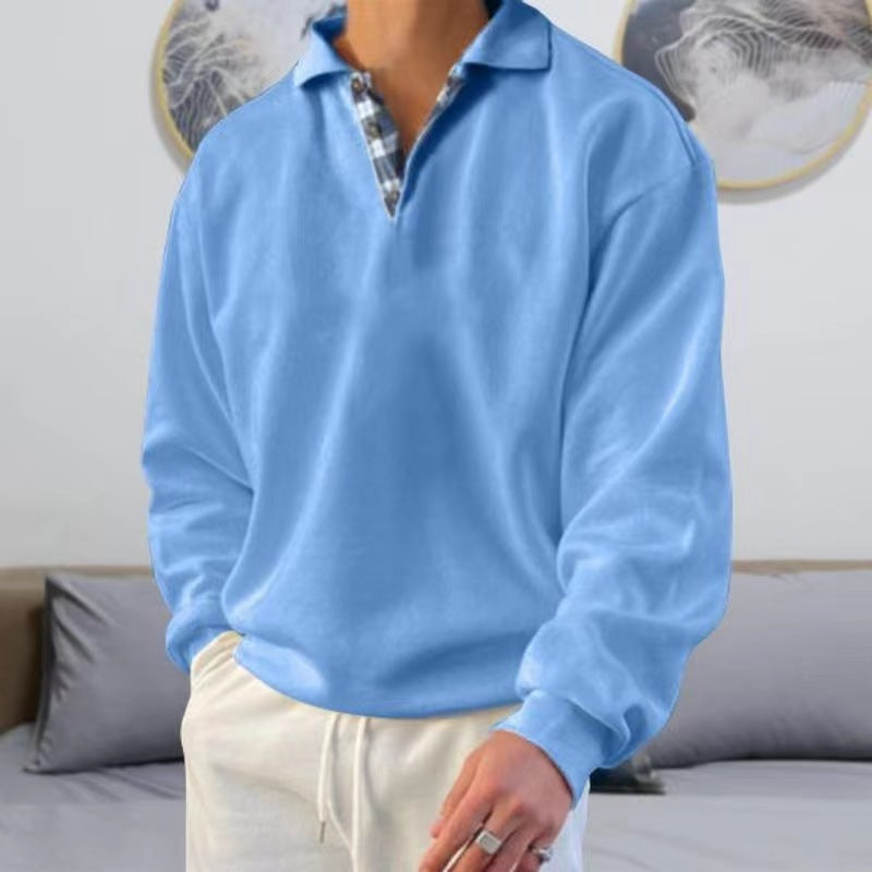 Men's solid color lapel loose long-sleeved POLO shirt