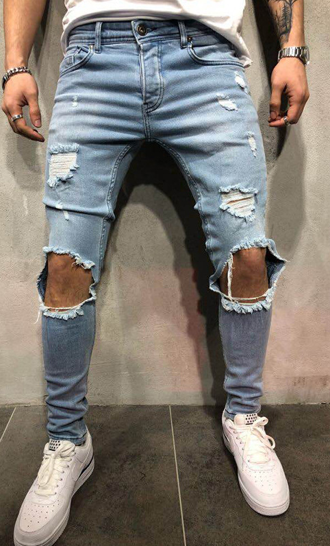 Jeans ajustados rasgados de cintura media de moda para hombres