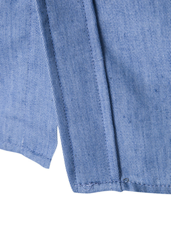 Men’s Solid Color Contrast Collar Long Sleeve Denim Shirt