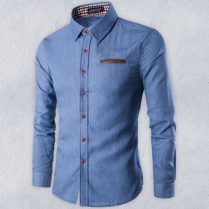 Men’s Solid Color Contrast Collar Long Sleeve Denim Shirt
