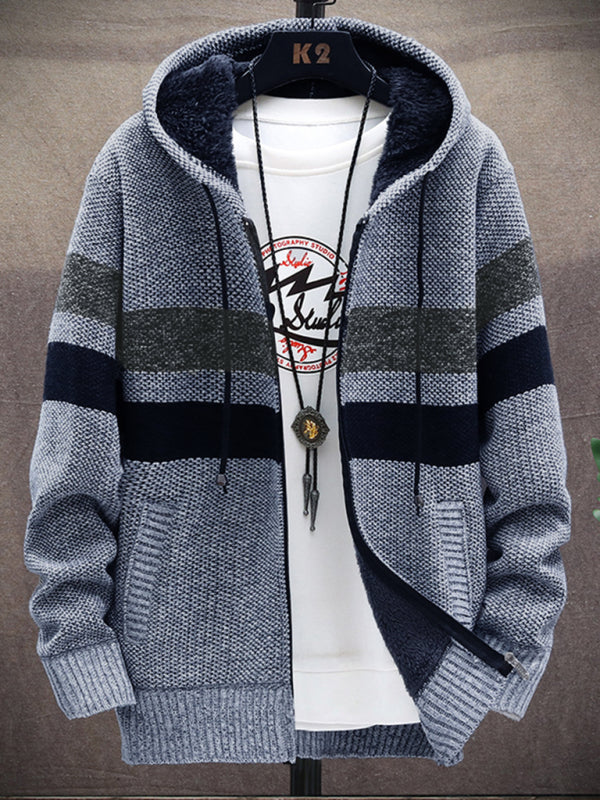 Men’s Color Block Faux Fur Lining Zip Front Hooded Drawstring Hood Sweatshirt Jacket