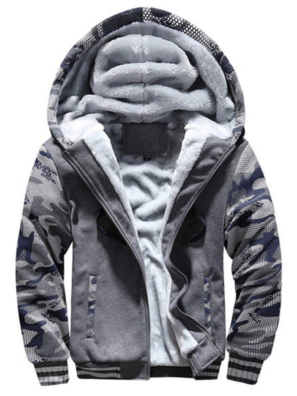 Men’s Camouflage Trim Faux Fur Lined Zip Up Hoodie