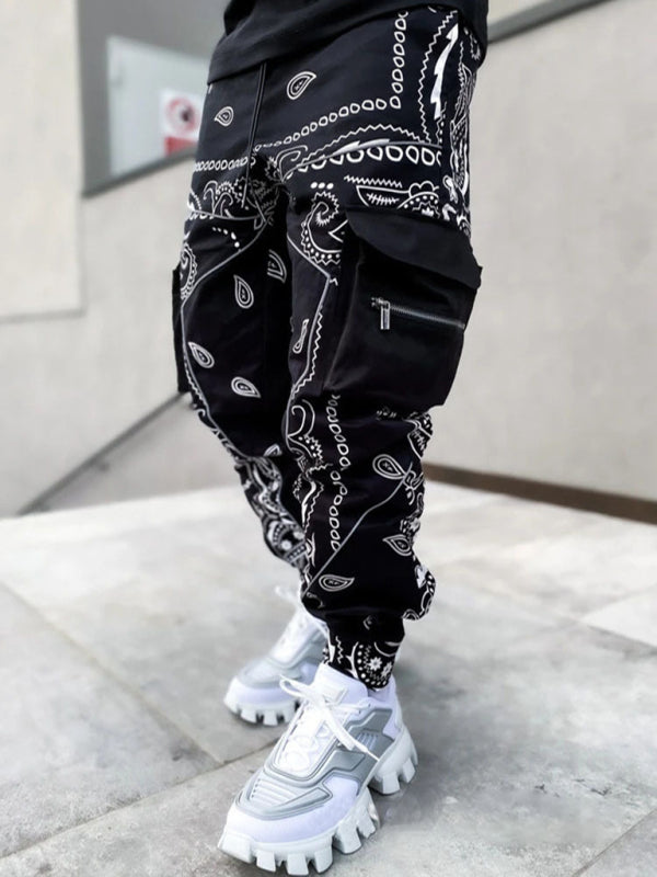 New printed cashew flower harem pants men's loose high street multi-pocket overalls