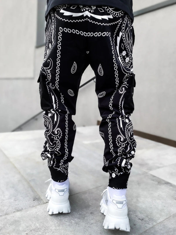 New printed cashew flower harem pants men's loose high street multi-pocket overalls