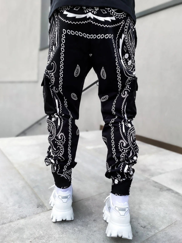 New printed cashew flower harem pants men's loose high street multi-pocket overalls