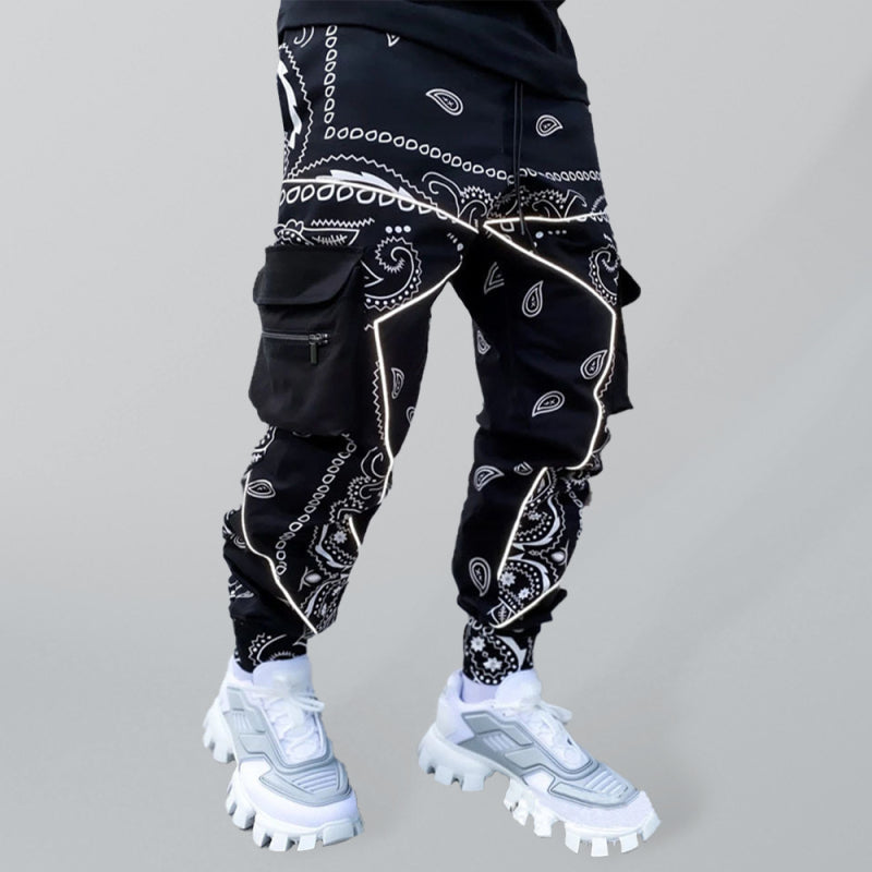 New printed cashew flower harem pants men's loose high street multi-pocket overalls