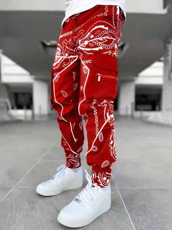 New printed cashew flower harem pants men's loose high street multi-pocket overalls