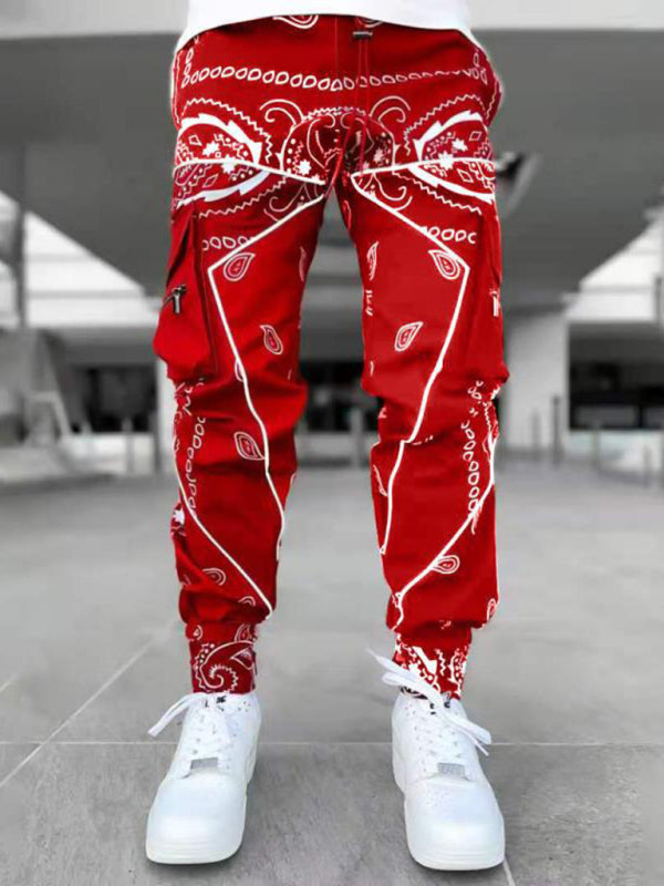 New printed cashew flower harem pants men's loose high street multi-pocket overalls