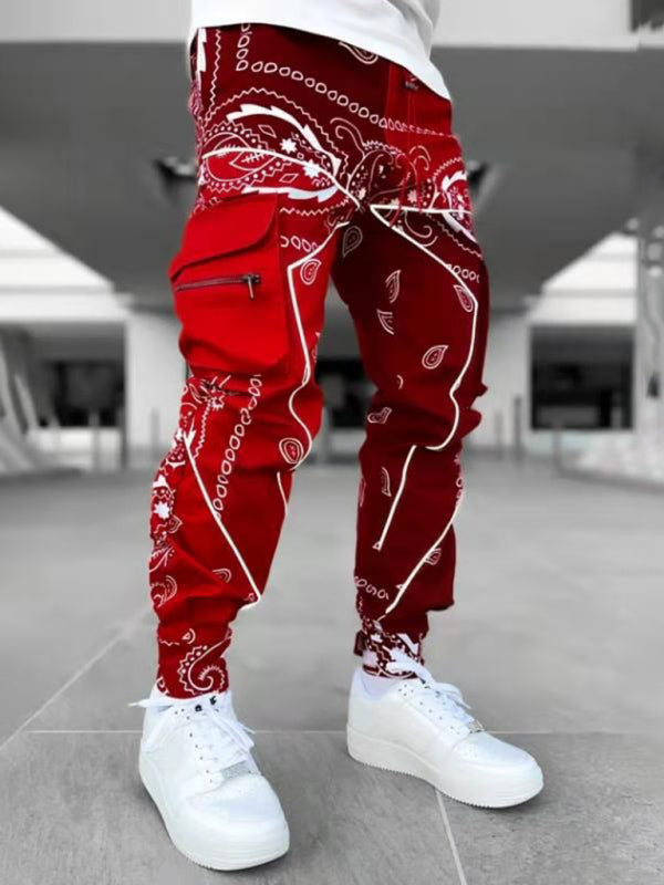 New printed cashew flower harem pants men's loose high street multi-pocket overalls