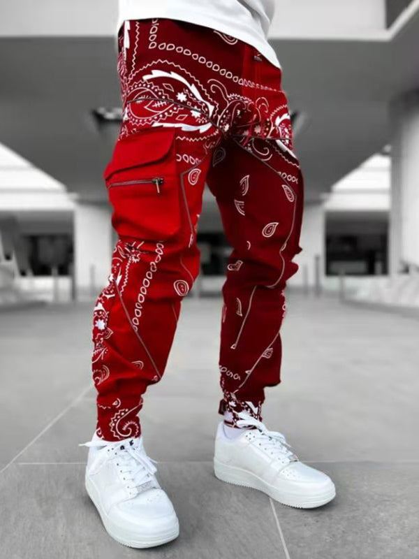 New printed cashew flower harem pants men's loose high street multi-pocket overalls