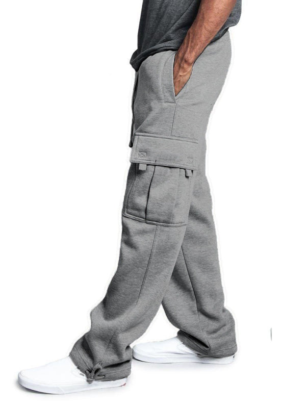 Men's Solid color elastic waist multi-pocket loose fit cargo pants