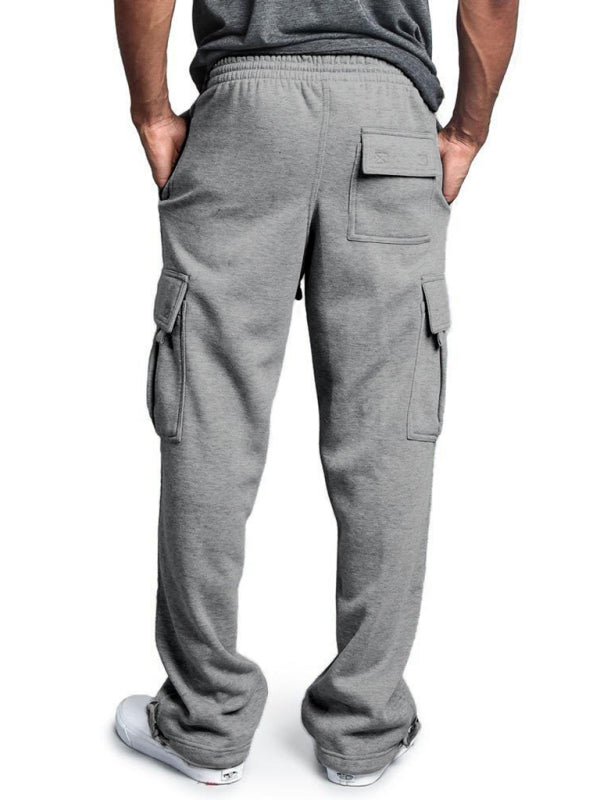 Men's Solid color elastic waist multi-pocket loose fit cargo pants