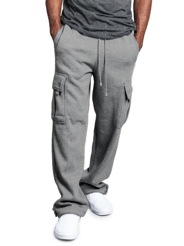 Men's Solid color elastic waist multi-pocket loose fit cargo pants