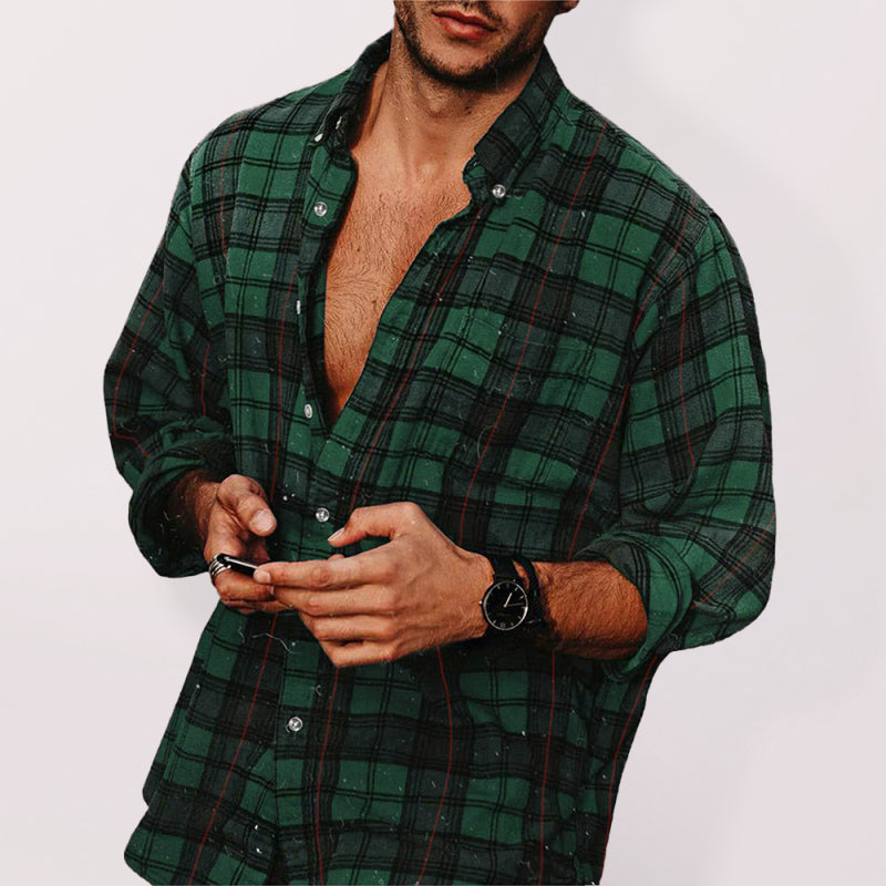 Men's check collar casual long sleeve shirt