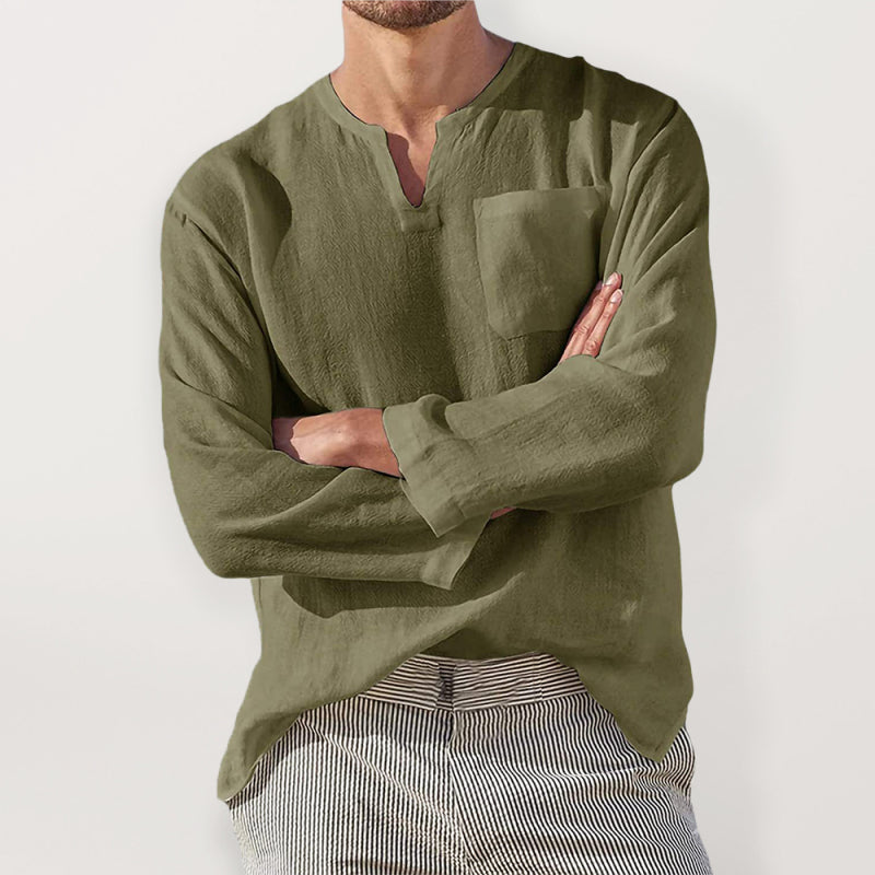 Men's Long Sleeve V Neck Casual Beach Linen Shirt