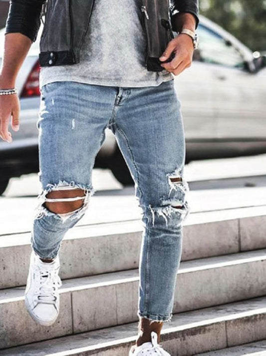 Jeans de lápiz rasgados casuales sólidos para hombres