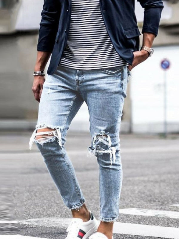 Jeans de lápiz rasgados casuales sólidos para hombres