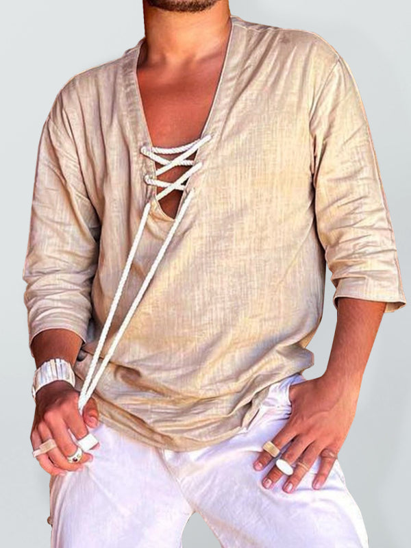 Camisa de manga tres cuartos de color sólido con cuello en V informal tejida para hombre