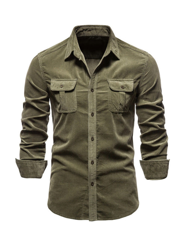 Camisa casual de manga larga slim fit de pana para hombre