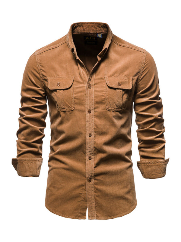 Camisa casual de manga larga slim fit de pana para hombre