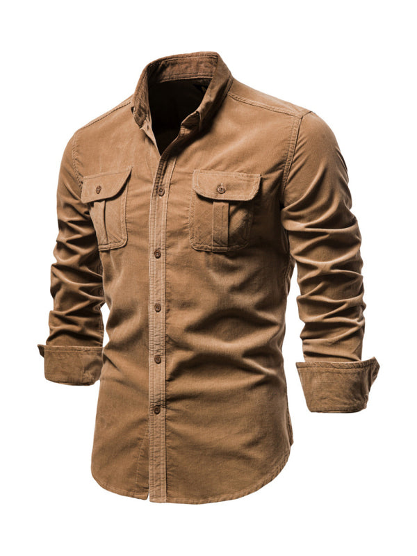 Camisa casual de manga larga slim fit de pana para hombre