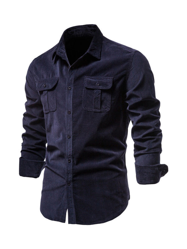 Camisa casual de manga larga slim fit de pana para hombre